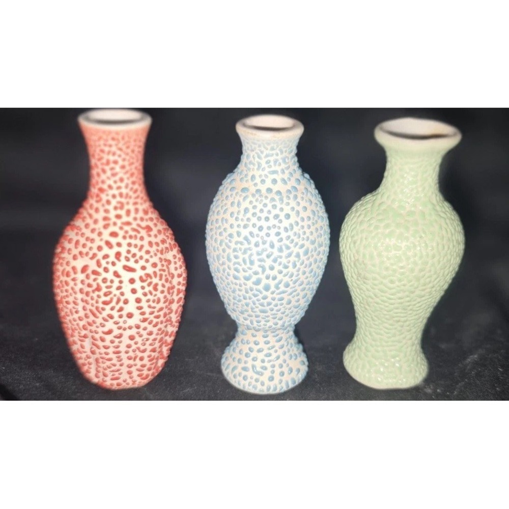 Vintage Miniature Hobnail Bud Vases Pastel Trio Ceramic Textured Retro Decor 3"